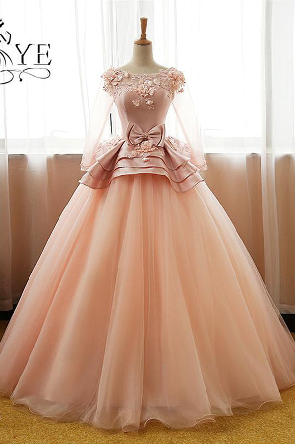 Ball Gown Long Sleeve Tulle Prom Dresses with Flowers Puffy Quinceanera Dresses N1042