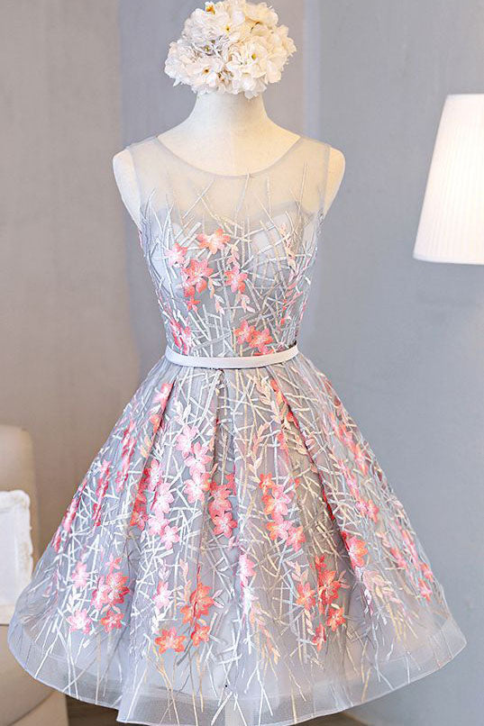 A Line Sleeveless Appliqued Tulle Open Back Homecoming Dresses With Belt