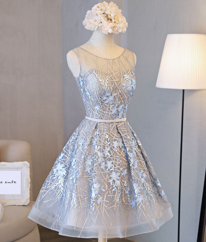 A Line Sleeveless Appliqued Tulle Open Back Homecoming Dresses With Belt