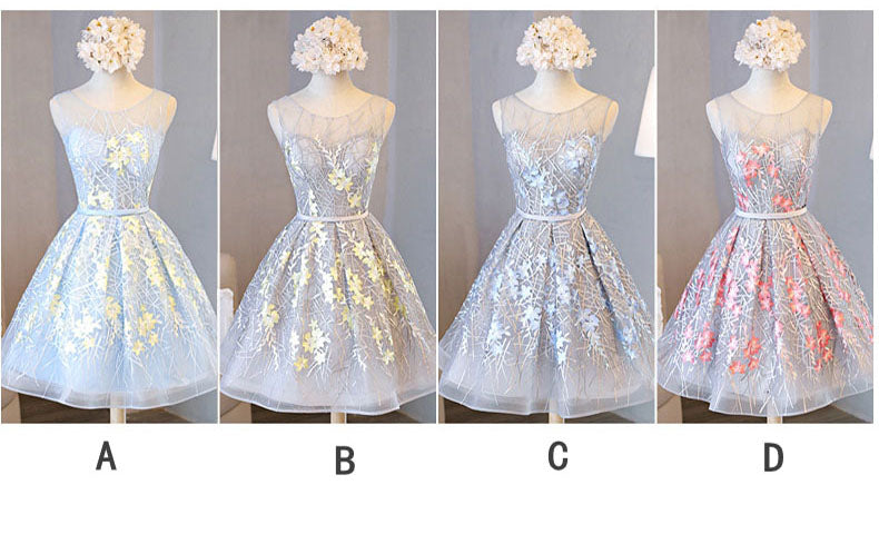 A Line Sleeveless Appliqued Tulle Open Back Homecoming Dresses With Belt