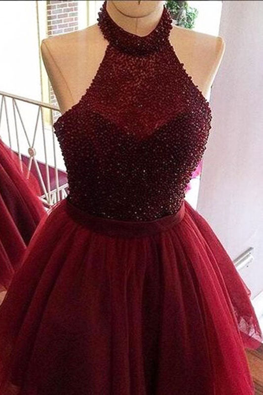 Burgundy Halter Beading Tulle Short Prom/Homecoming Dresses,Backless Party Dresses,N247
