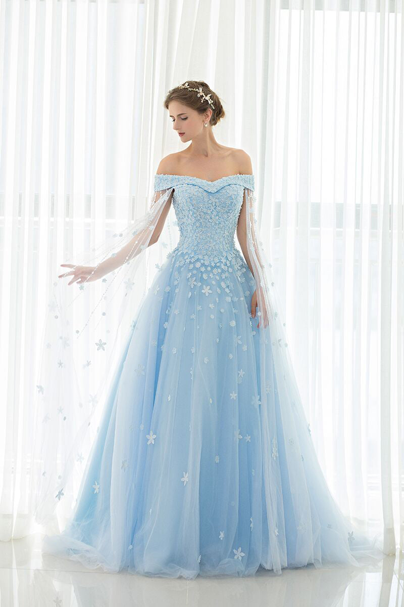Light Sky Blue Off-the-shoulder Sweep Train Tulle Prom Dresses with Appliques N1253