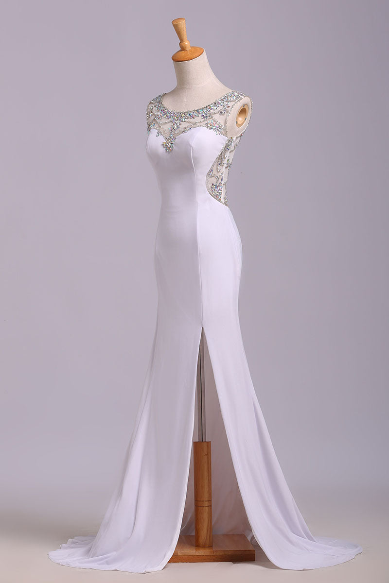 White Mermaid Sleeveless Split Prom Dresses with Sequins Sweep Train Dresses with Rhinestones N1207