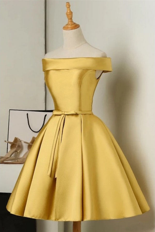 Simple Off the Shoulder Satin Short Prom Dress with Bowknot, A Line Homecoming Dress