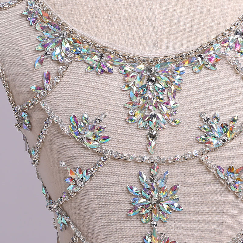 White Mermaid Sleeveless Split Prom Dresses with Sequins Sweep Train Dresses with Rhinestones N1207