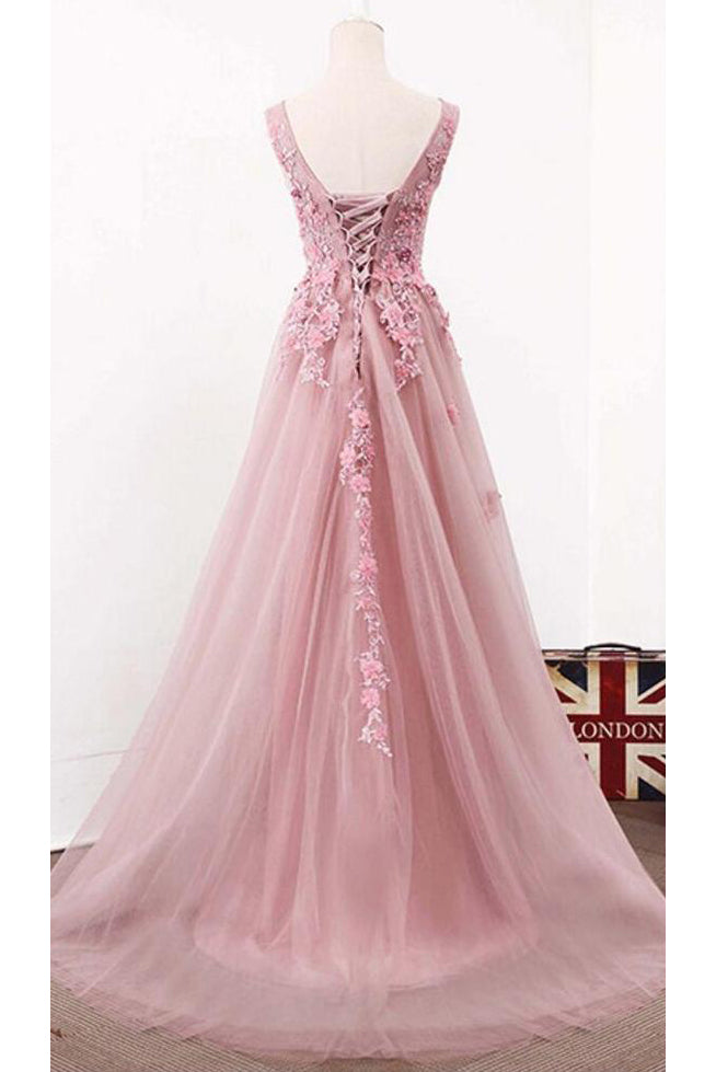 Blush Pink Elegant V-Neck Tulle Prom Dresses A-Line Appliques Evening Dresses with Flowers N1463