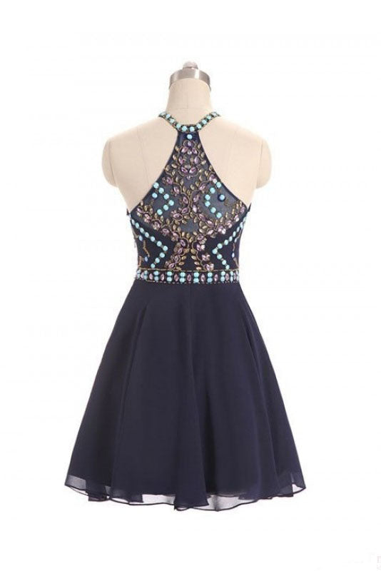 Navy Blue Halter Beading Chiffon Homecoming Dresses