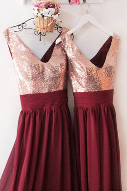 Burgundy V-Neck Floor Length Bridesmaid Dresses V-Back Rose Gold Sequin Prom Dresses N1128
