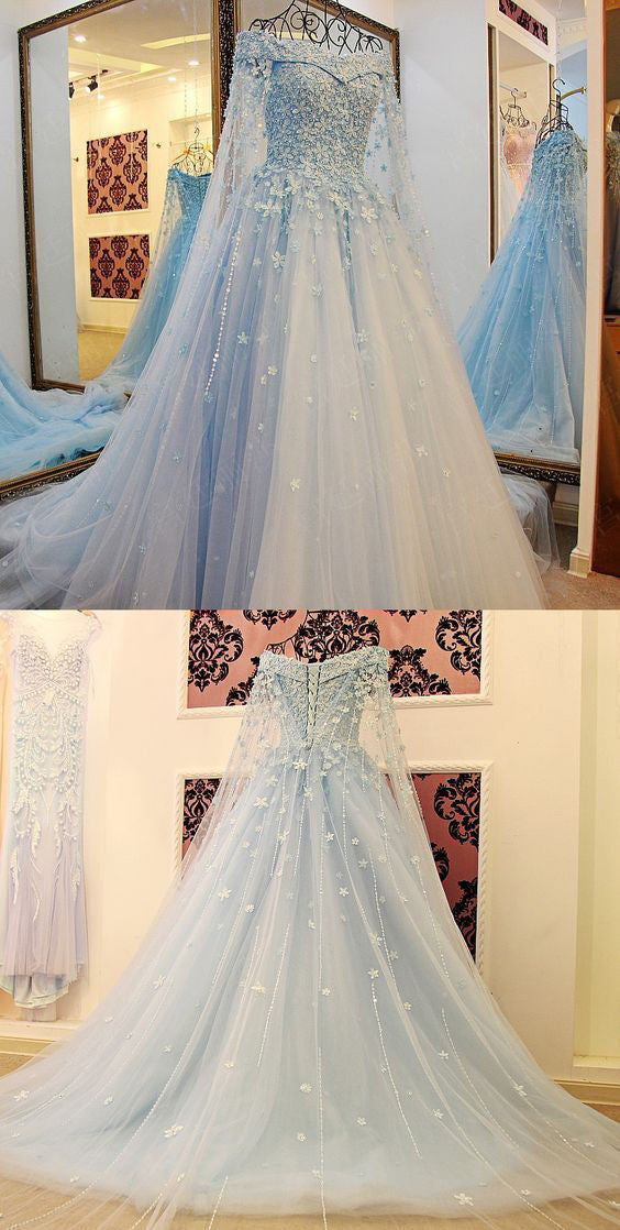 Light Sky Blue Off-the-shoulder Sweep Train Tulle Prom Dresses with Appliques N1253