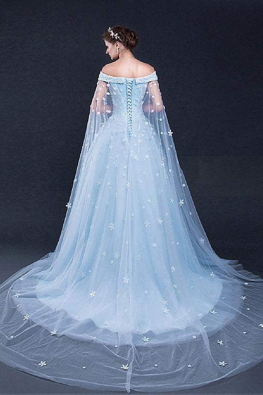 Light Sky Blue Off-the-shoulder Sweep Train Tulle Prom Dresses with Appliques N1253