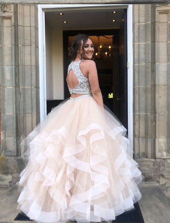 Sparkly Two Piece Long Prom Dresses with Open Back Sequined Tulle Party Dresses N1244