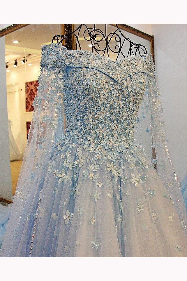 Light Sky Blue Off-the-shoulder Sweep Train Tulle Prom Dresses with Appliques N1253