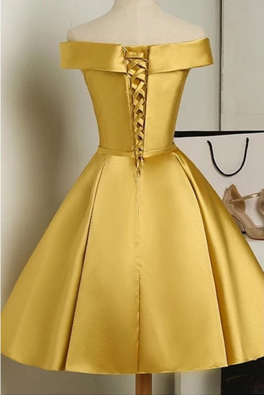 A Line Off-the-Shoulder Satin Homecoming Dresses with Bowknot N1038
