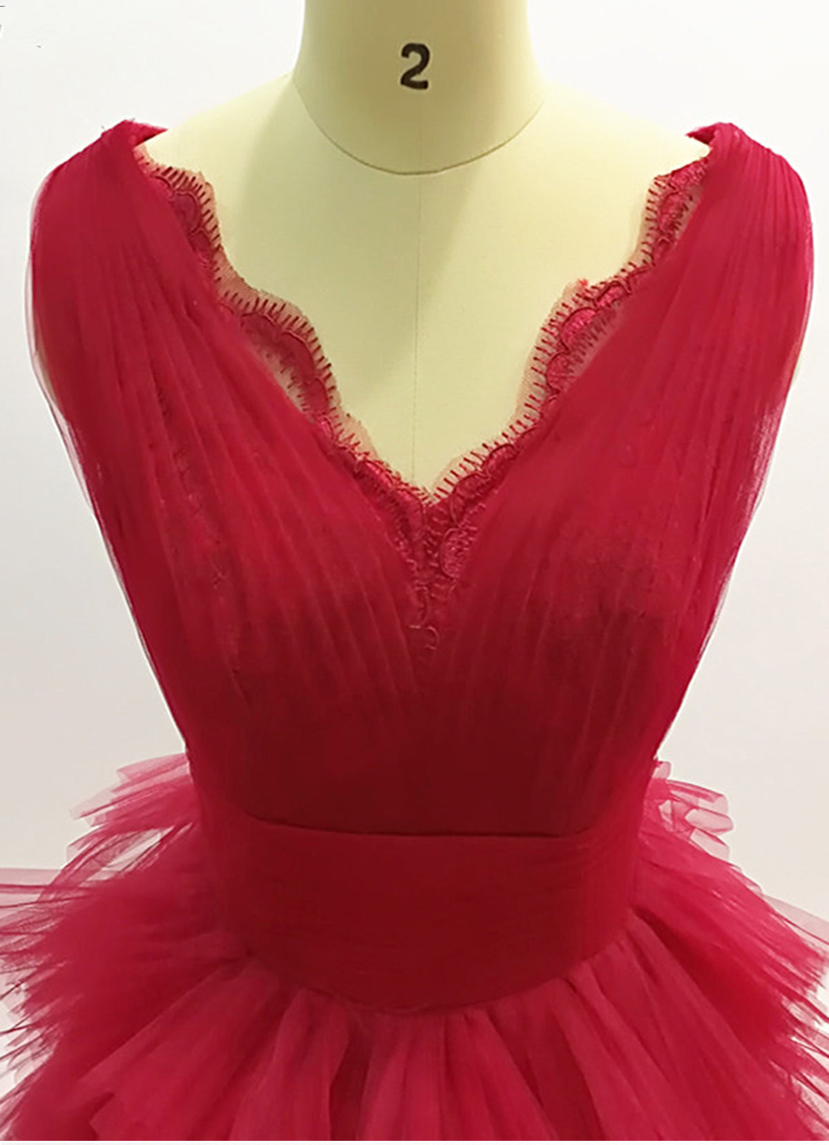 Burgundy Tulle Layered Long Evening Dresses A-Line V-Neck Tiered Tulle Prom Dresses N1472