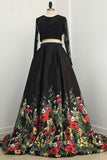 Two Piece Black Long Sleeve Formal Dresses with Appliques Long Prom Dresses with Lace N1400