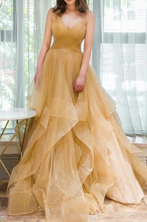 Spaghetti Straps V-Neck Sparky Long Prom Dresses Backless Pleated Tulle Party Dresses N2587
