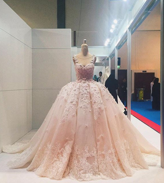 Ball Gown Sleeveless Lace Appliqued Tulle Prom Dress Quinceanera Dress Wedding Dress N1046