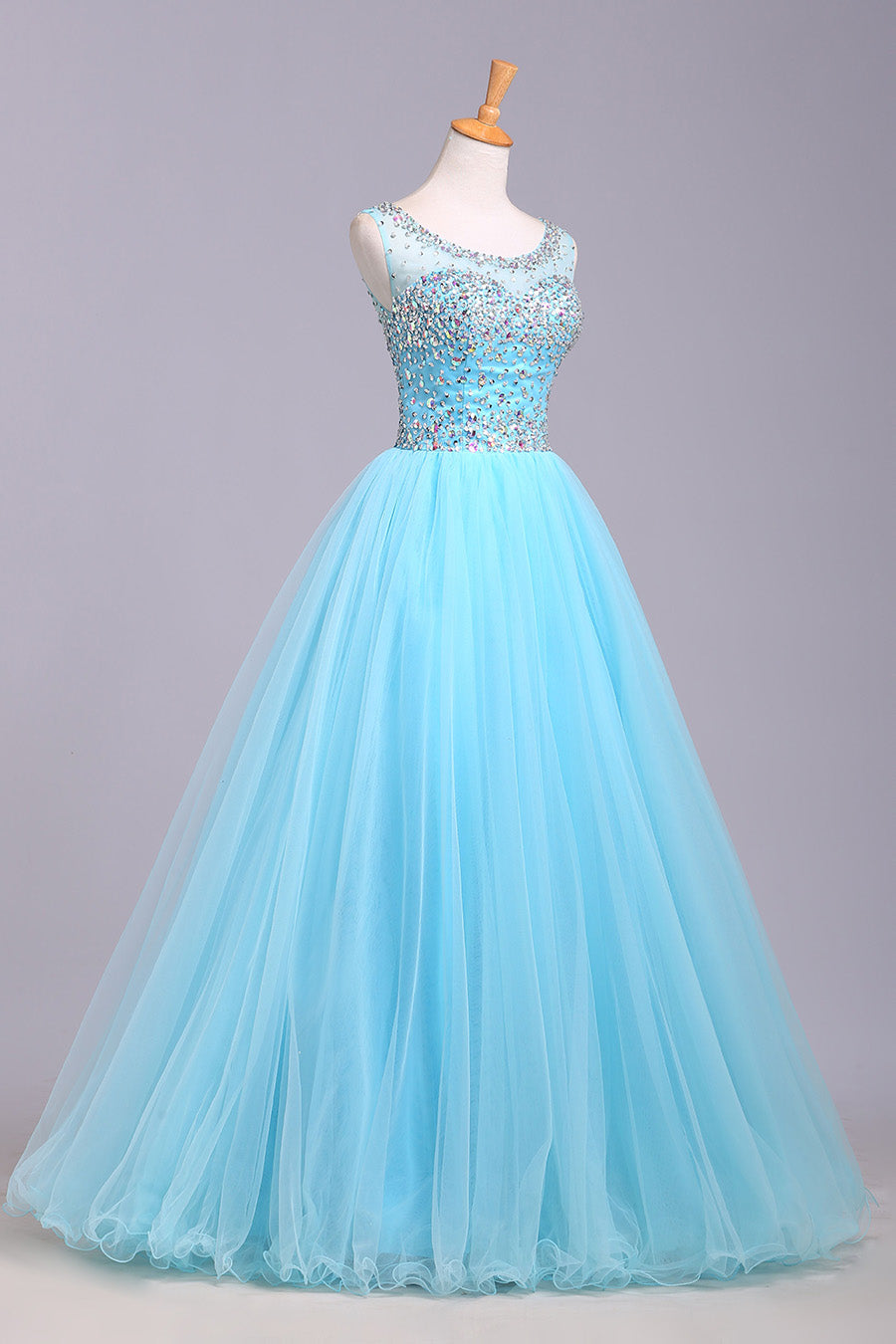 Blue Scoop Sleeveless Tulle Prom Dresses with Sequins Floor Length Puffy Evening Dresses N1196