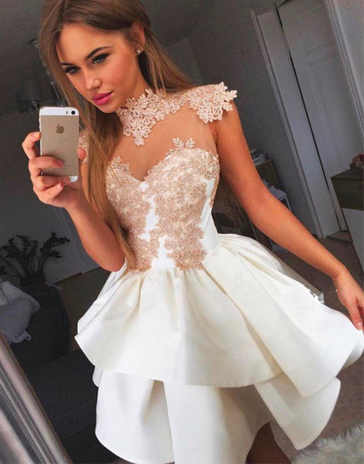 A Line Appliqued Cap Sleeves Homecoming Dresses