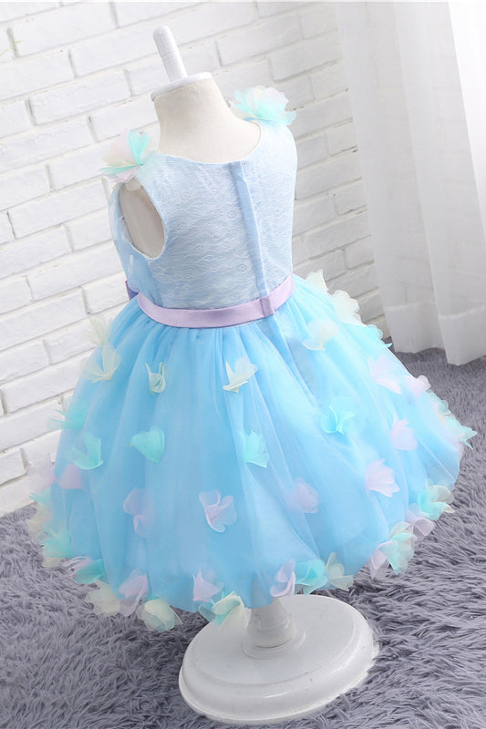 A Line V-Neck Sky Blue Tulle Flower Girl Dresses with Aplique Bow F060