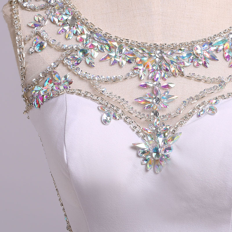 White Mermaid Sleeveless Split Prom Dresses with Sequins Sweep Train Dresses with Rhinestones N1207