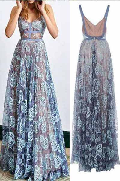 Sexy Straps V-Neck Sleeveless Lace Long Prom Dress N766