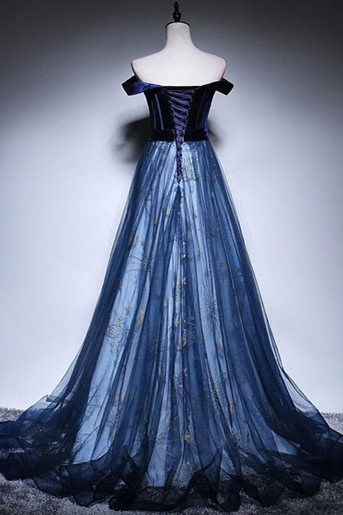 Dark Blue Velvet Tulle Long Prom Dresses Elegant Off the Shoulder Evening Dresses with Sleeve N2608
