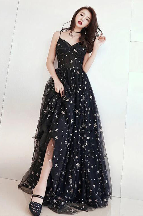 Black Spaghetti Straps Tulle Prom Dresses with Stars N2580