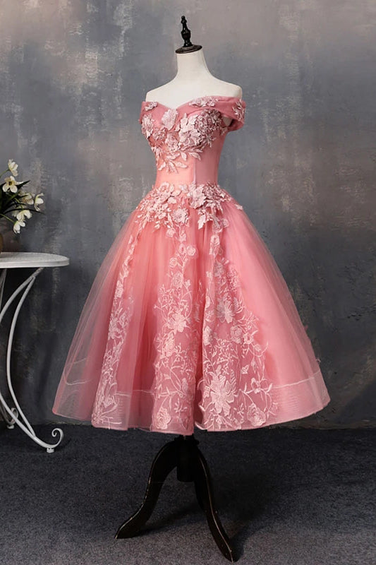 Knee Length Tulle Graduation Dresses with Appliques Off the Shoulder Dresses with Flowers N2134