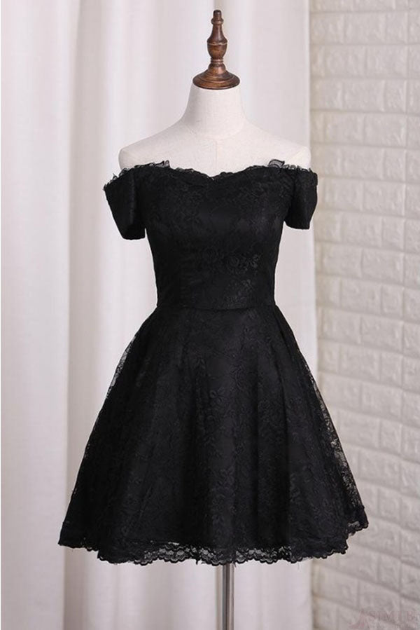Black Off Shoulder Lace Homecoming Dress A Line Cheap Short