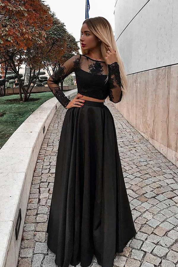 Sexy Black Two Pieces Long Sleeves Evening Dresses with Lace