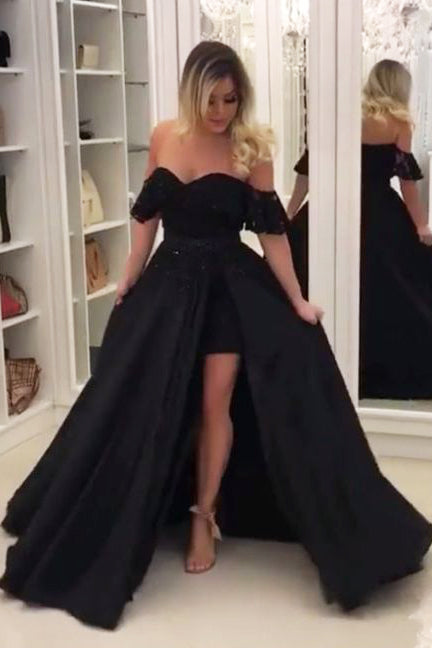 Black Off Shoulder Long Evening Dress with Lace, Unique Split Prom Dress with Lace