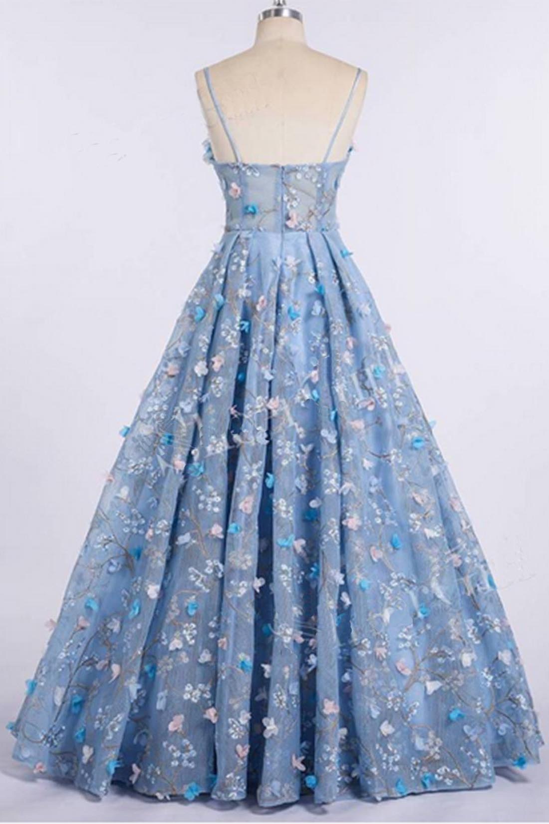 Gorgeous Blue Lace Spaghetti Strap With 3D Flower Prom Dresses