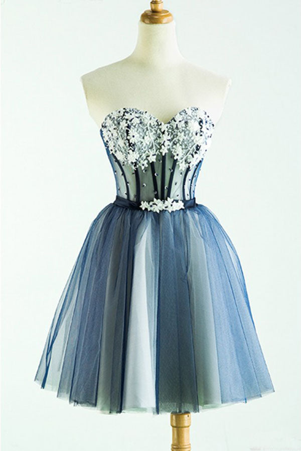 Cute Sweetheart Tulle Homecoming Dress with Beads, A Line Appliqued Short Prom Dress