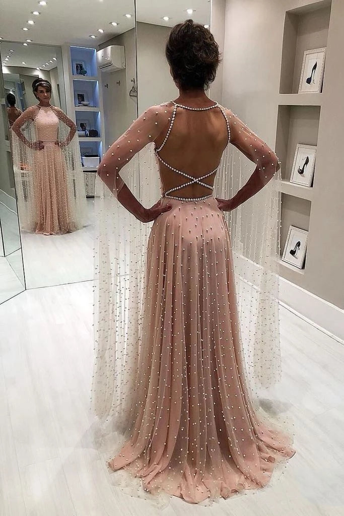 Unique A Line Open Back Sleeveless Long Prom Dresses with Pearls