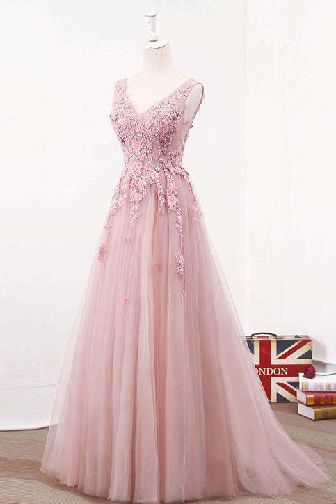 Blush Pink Elegant V-Neck Tulle Prom Dresses A-Line Appliques Evening Dresses with Flowers N1463