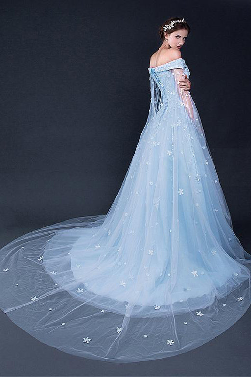 Light Sky Blue Off-the-shoulder Sweep Train Tulle Prom Dresses with Appliques N1253