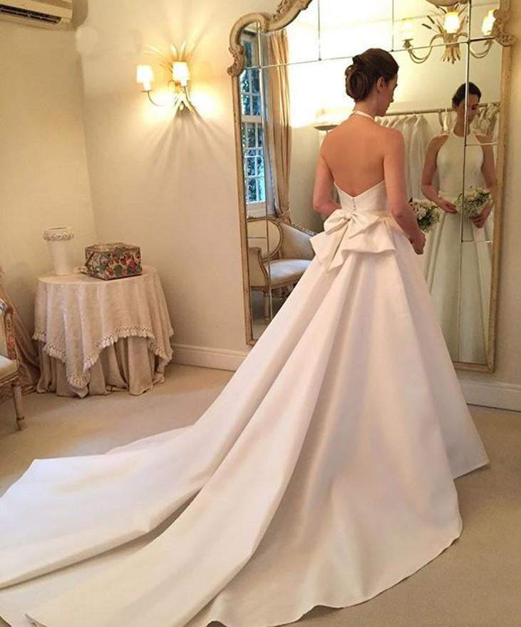 A Line Halter Satin Wedding Dresses Backless Sleeveless Bridal Dresses with Bow N1570