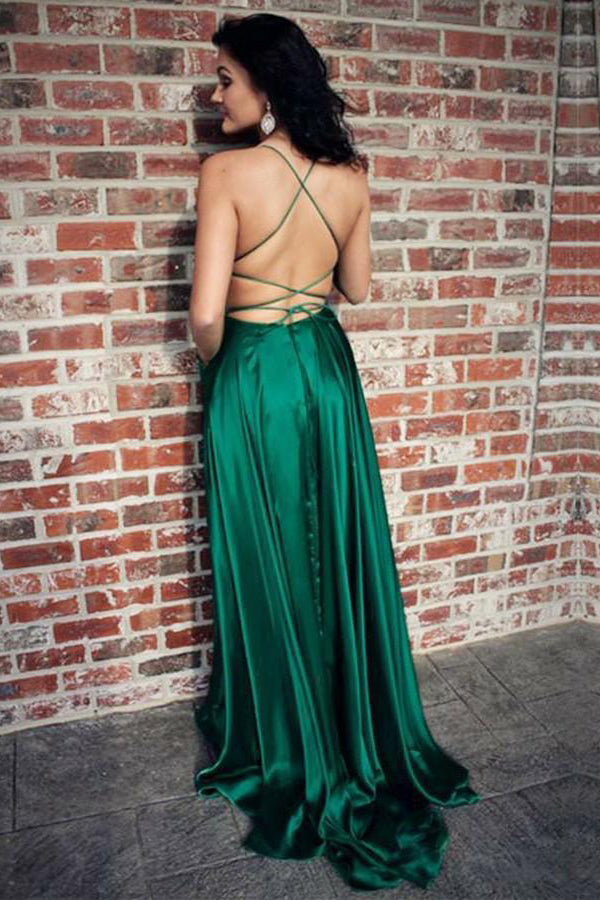 Sexy Emerald Green Spaghetti Strap Split Long Prom Dresses