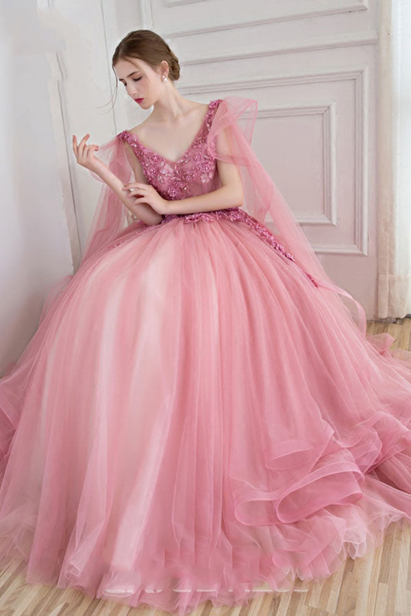 Ball Gown V-Neck Appliques Beading Floor-Length Quinceanera Ball Gown Tulle Prom Dress N1224