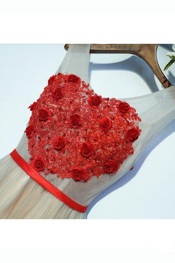 A Line V-Neck Appliqued Homecoming Dresses with Flowers N1020