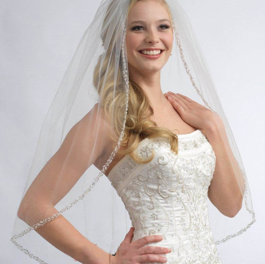 One Layer Fingertip Wedding Veil with Crystals and Sequins, Ivory 