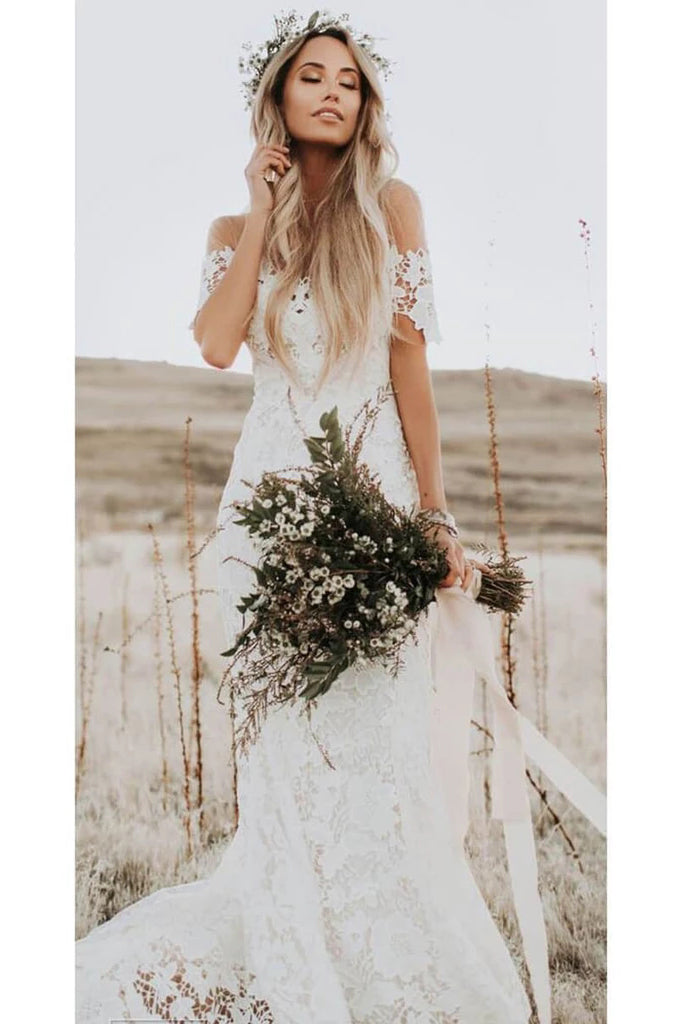 Mermaid Off the Shoulder Lace Beach Wedding Dresses Long Rustic Wedding Dresses N2253