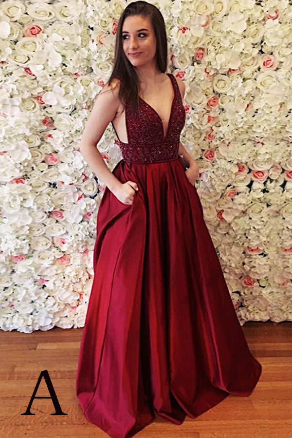 Burgundy Sleeveless V Back Prom Dress with Beads, Cheap Long Prom Dress N792