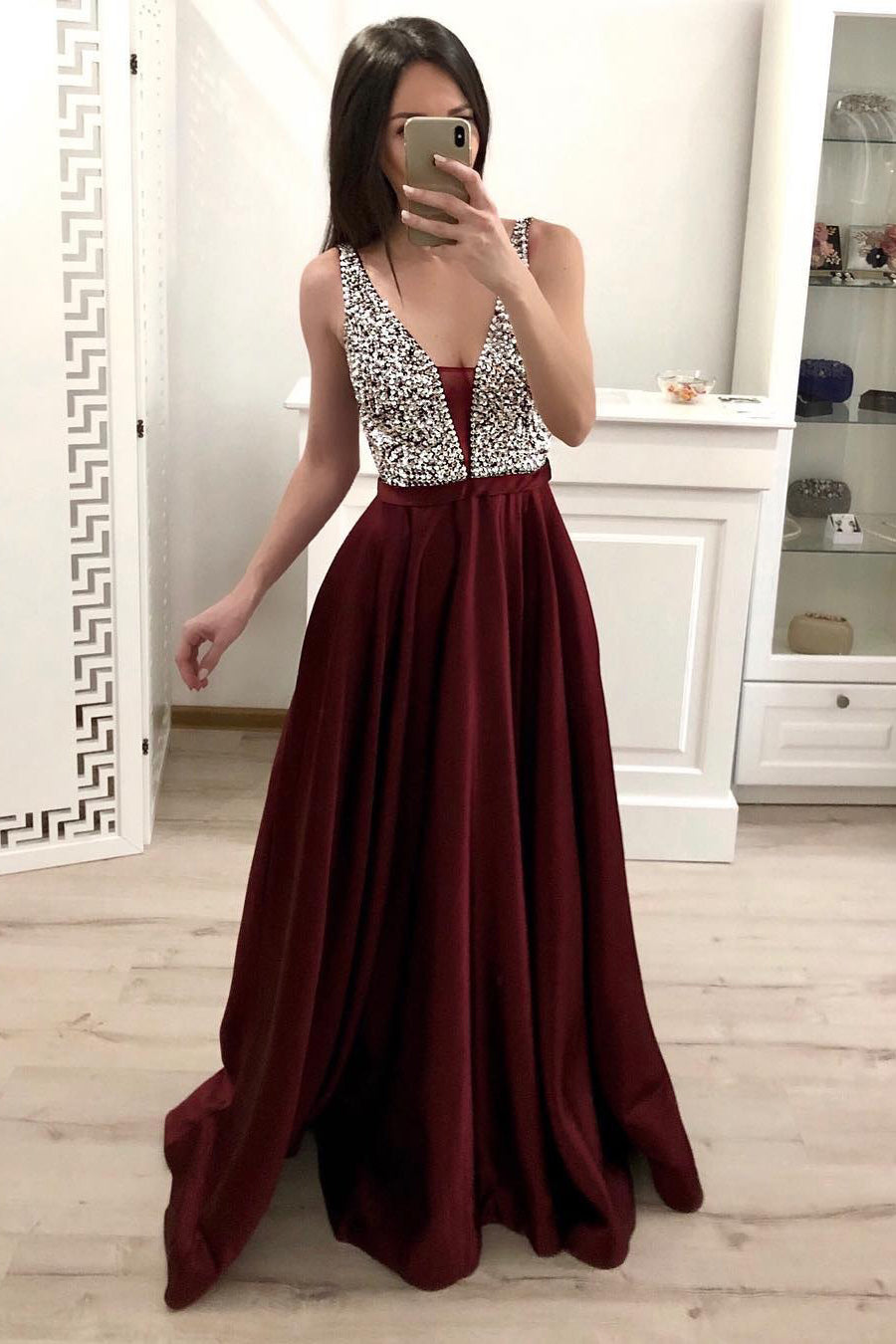 Sparkly A-Line V-Neck Satin Beading Backless Prom Dress N1524