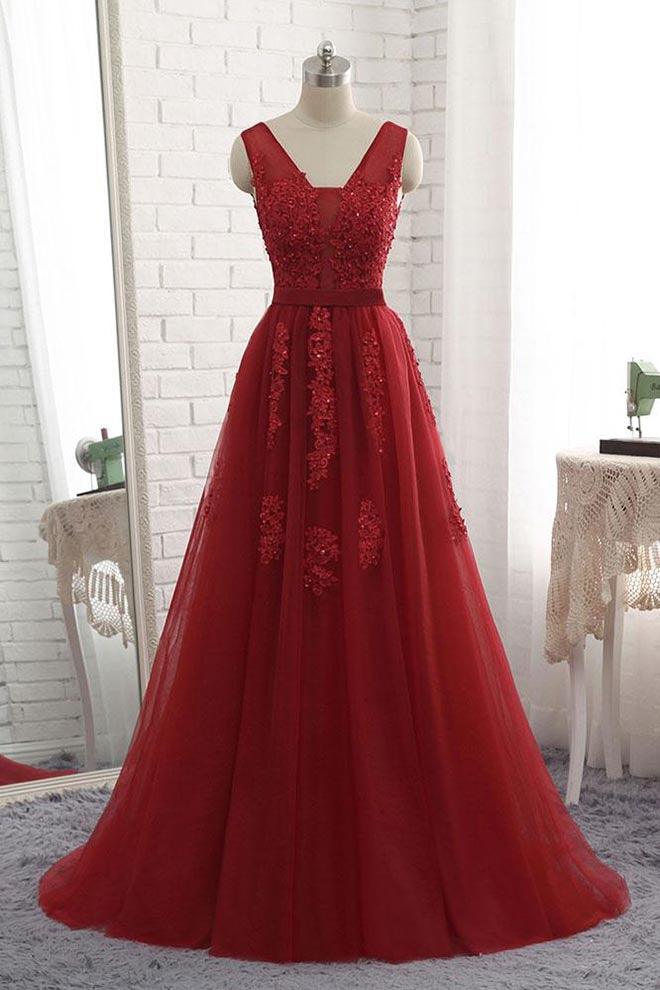 Cheap Floor Length Burgundy V Neck Evening Dress, Appliqued Long Tulle Prom Dress