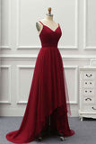 A-Line Burgundy V-Neck High Low Tulle Prom Dresses with Train N1692