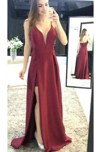 Burgundy Sleeveless Prom Dresses, Spaghetti Strap Split Satin Party Dresses N1724