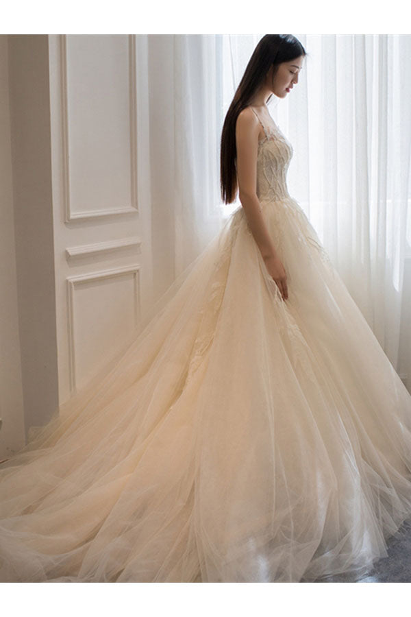 Ivory Spaghetti Straps Appliques A Line Court Train Tulle Beach Wedding Dress N1226