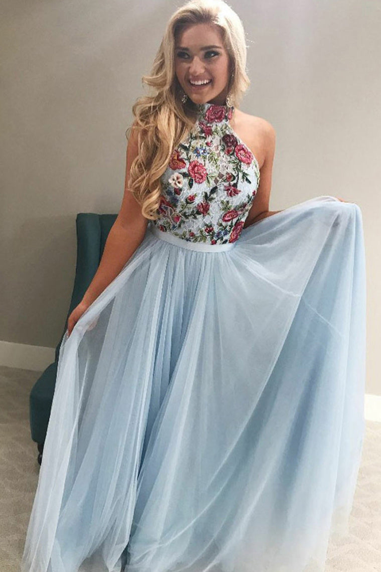 Light Sky Blue High Neck Tulle Prom Dresses with Embroidery Floor Length Evening Dresses N1178
